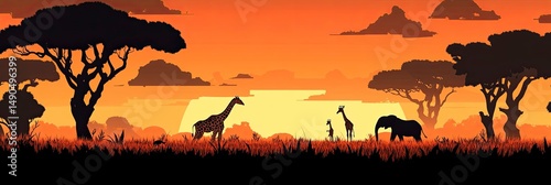 African savannah landscape with silhouettes of various animals against sunset sky background vector illustration, banner design, wide panorama, orange and black color scheme, vector graphics, simple 