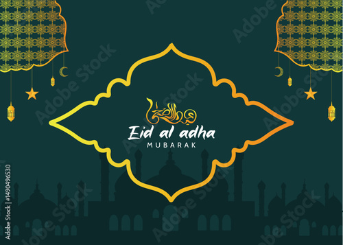 Eid al Adha Horizontal Poster with Islamic Pattern, Elegant Frame, Arabic Calligraphy & Festive Text Design for Greeting card, Banner , poster.