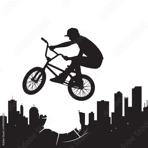 silhouette of a person playing bmx, editable vector image