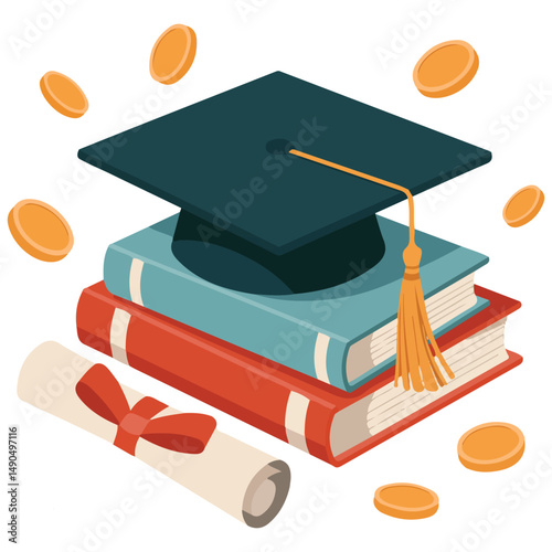 Graduation cap on books isolated vector illustration on white background