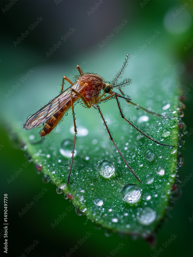 Fototapeta premium Mosquito on dew-covered leaf macro photography
