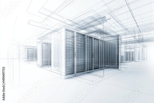 Technical schematic of an eco-friendly data center in wireframe and realistic 3D style showing natural ventilation cooling systems in the context of clean energy