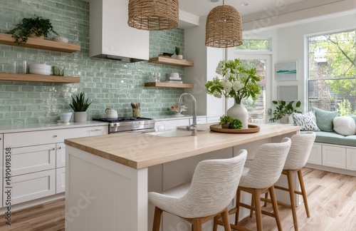 White kitchen with green subway tile backsplash and wood countertop, floating shelves, light from windows