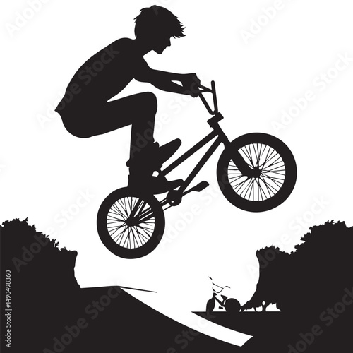 silhouette of a person playing bmx, editable vector image