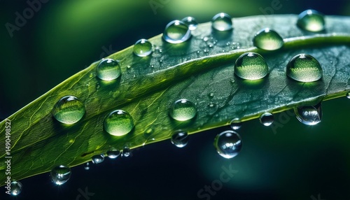 Beautiful drops of transparent rain water on a green leaf macro large