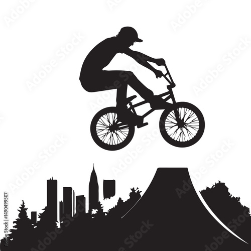 silhouette of a person playing bmx, editable vector image