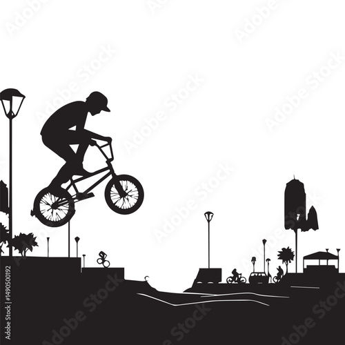 silhouette of a person playing bmx, editable vector image