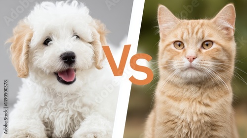 Adorable Puppy and Playful Kitten Side by Side with Happy Expressions and Soft Fur in a Playful Comparison photo