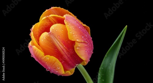Vibrant Orange and Pink Tulip with Dew Drops - Closeup Spring Flower Photography; Dewy Orange Pink Tulip Blossom Macro Shot