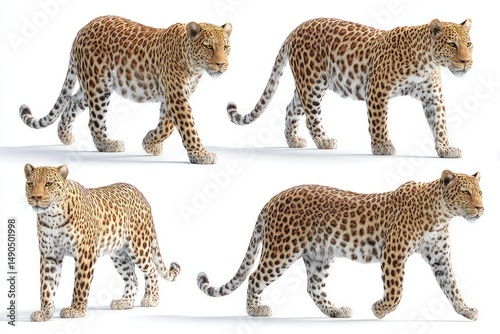 Majestic jaguar in multiple poses isolated on white background stunning wildlife reference showcasing powerful elegance, unique rosette patterns, and motion