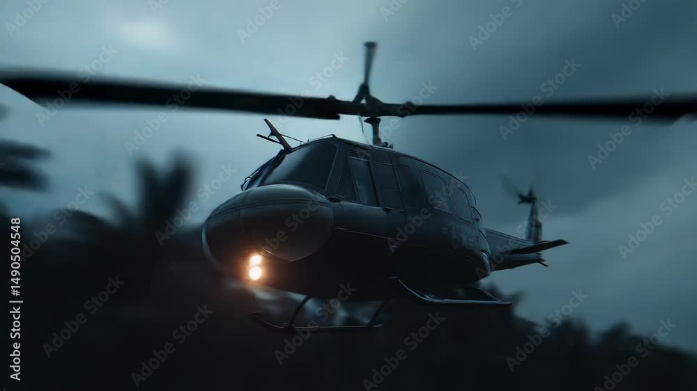 Helicopter flying over a jungle landscape during twilight with low visibility and dramatic clouds