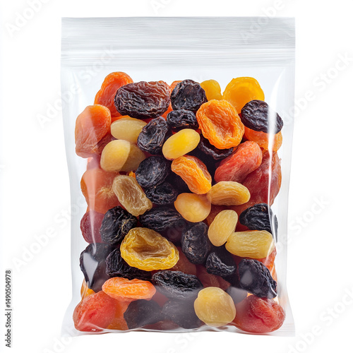 Assorted dried fruit in a transparent zipper bag isolated on a white background