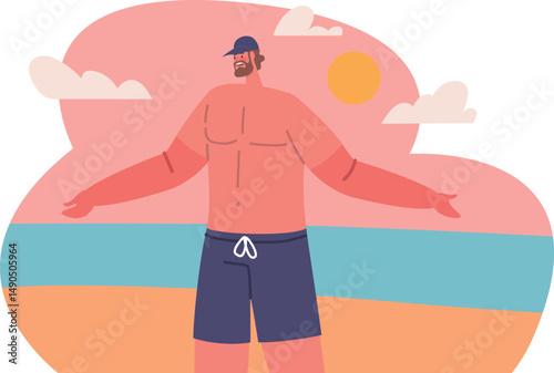 Tanned tourist at seaside vector illustration