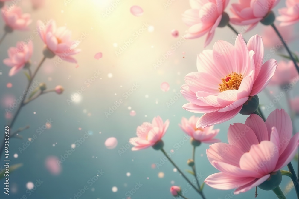 Obraz premium Floating pastel blooms, soft light, dreamy haze, blossom, petals, white
