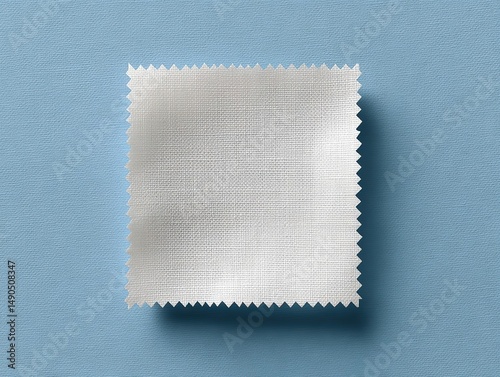 Square sample of white textile with decorative edge isolated against pale blue background. Material swatch.