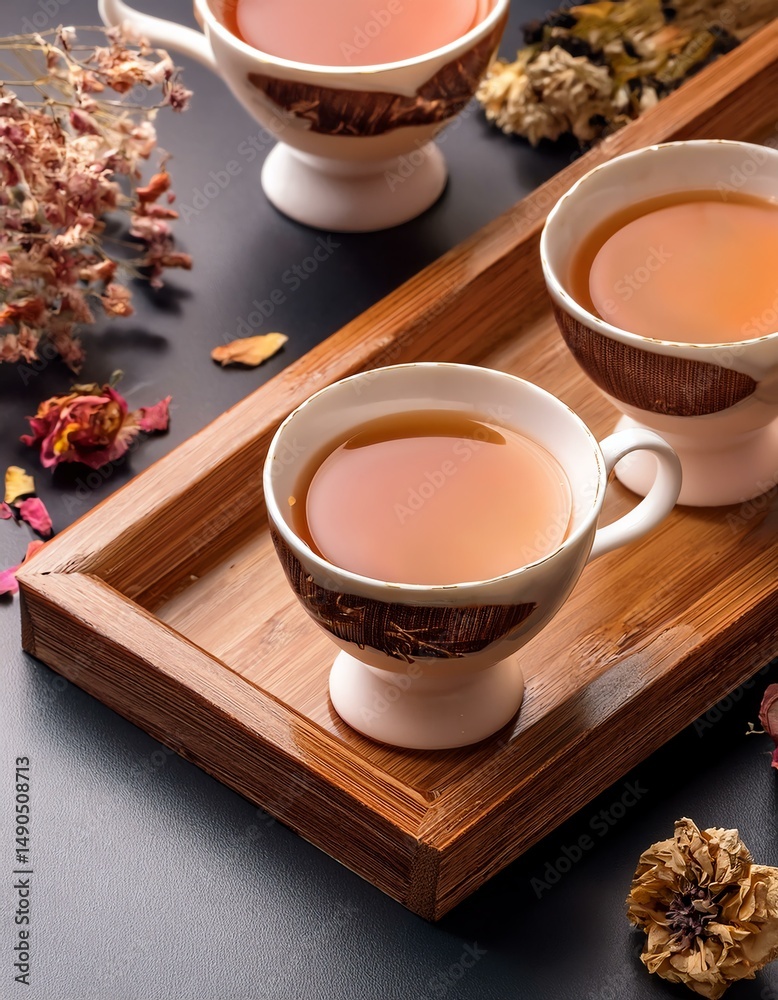 Fototapeta premium Aromatic tea served in elegant cups on a wooden tray, perfect for relaxation and enjoyment.