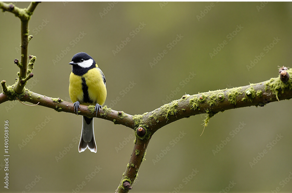 Obraz premium Great tit perched on a tree branch with a blurred background.