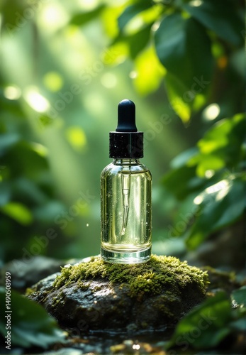 Serum bottle on moss rock with tropical foliage