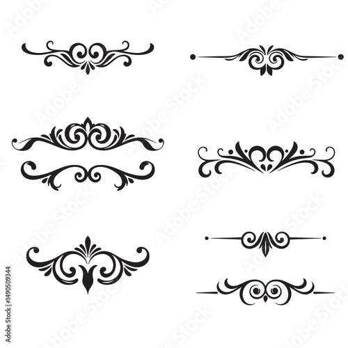 Collection of elegant silhouette decorative design elements with ornate swirls and flourishes for artistic projects