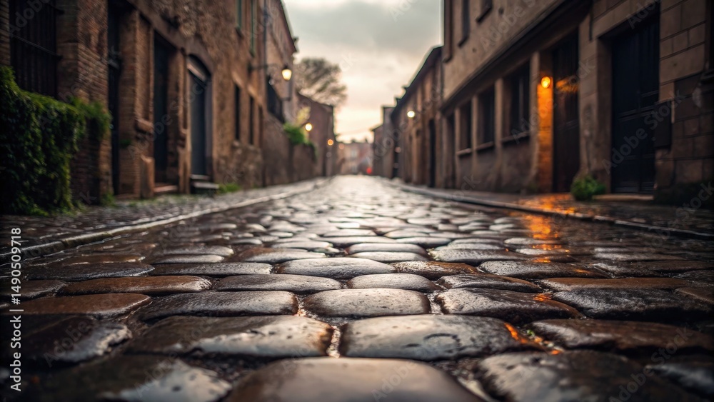 Fototapeta premium Serene Cobblestone Street at Dusk with Reflections and Warm Light Illuminating Quaint Buildings and Calm Atmosphere in an Urban Setting
