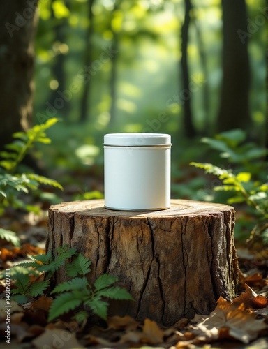 White tin can on forest stump with natural lighting