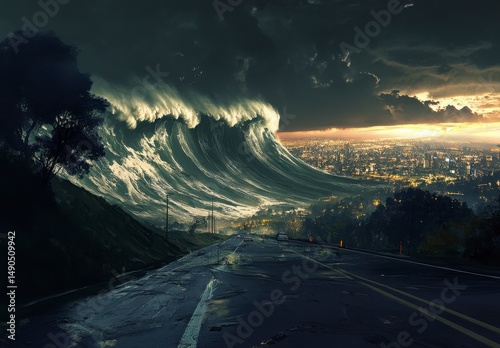Massive Tsunami Wave Approaching Coastal City At Night