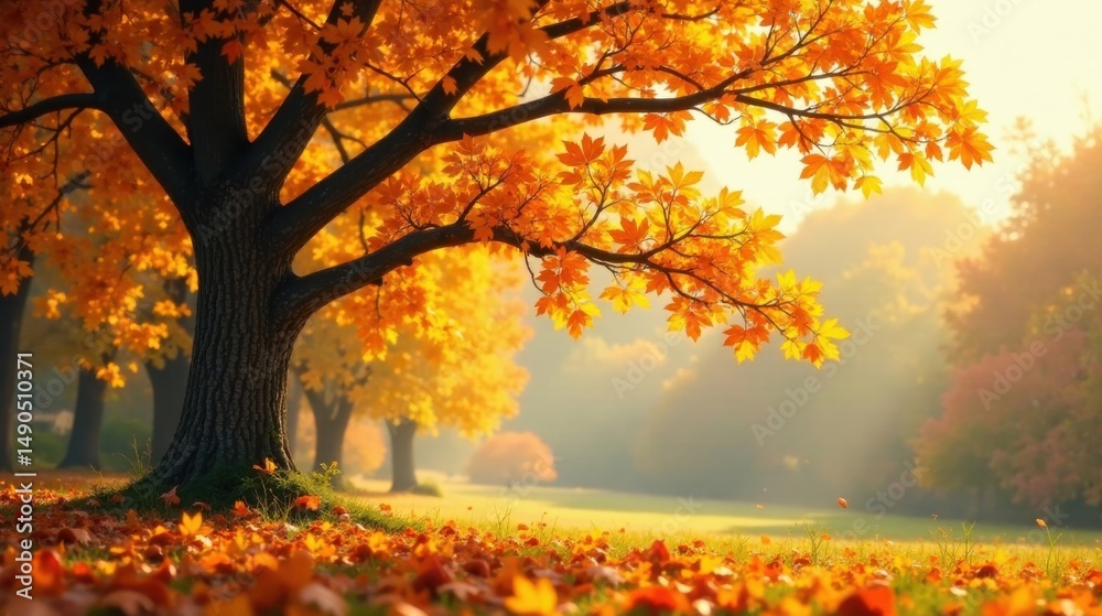 Golden Autumn Sunlight Illuminates a Majestic Tree, Its Branches Adorned with Vibrant, Sun-Kissed Maple Leaves, a Serene Fall Landscape Golden Autumn Sunlight Illuminates a Majestic Tree, Its Branches Adorned with Vibrant, Sun-Kissed Maple Leaves, a Serene Fall Landscape