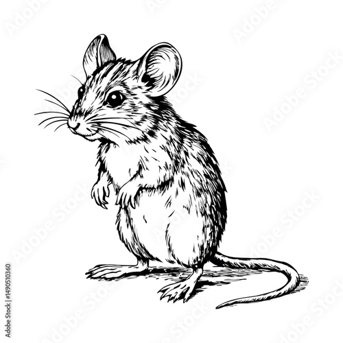 Mouse in upright position with front paws lifted in ink drawing