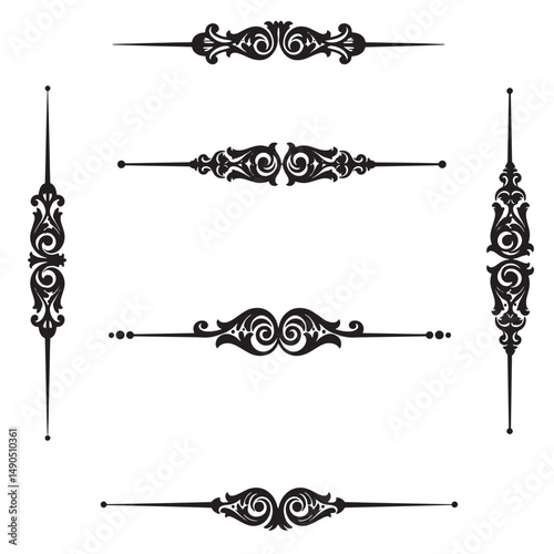 Elegant set of black floral silhouette ornaments and dividers with decorative swirl and classic flourishes on a white background.