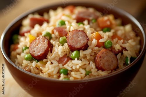 close-up of bowl of fried rice with sausage slices and colorful vegetables and peas,  chinese-style sausage fried rice, hot dog rice