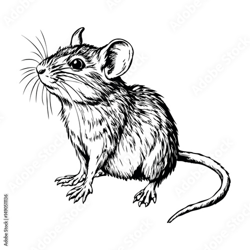 Mouse standing on hind legs with lifted head drawn in pen