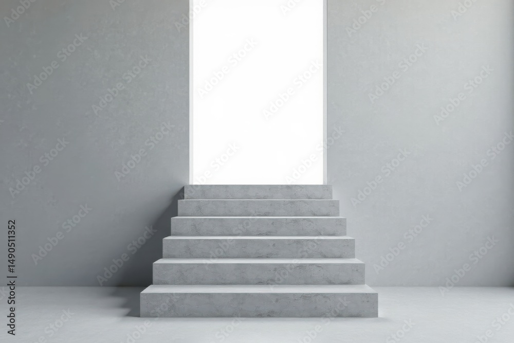 Fototapeta premium Simple concrete staircase ascending towards a bright, open doorway in a minimalist interior setting.