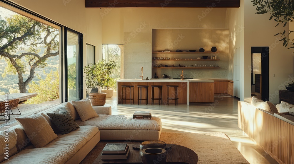 Fototapeta premium sleek and airy open-concept living space, with modern minimalist furniture, a neutral color palette, and abundant natural light flooding the room.
