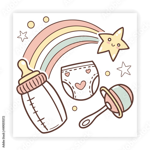 Playful Kids Doodles Baby Icons, Toys, and Scribbles