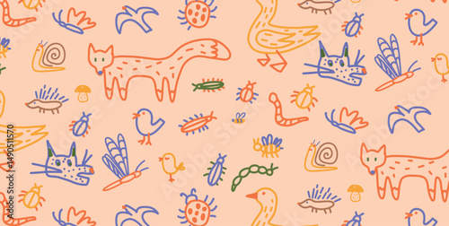 Wallpaper Mural Seamless pattern with hand-drawn animals in colorful childlike style. Foxes and ducks wander through a lively mix of birds, insects, snails and other forest creatures. Vector illustration. Torontodigital.ca