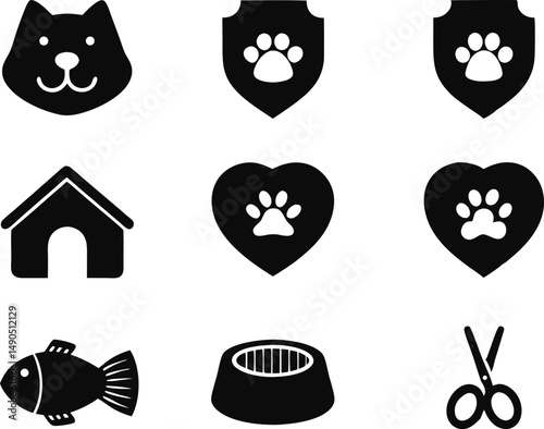 Black Pet Care Icons Set – Cat, Paw Print, Kennel, Food, Grooming and Love Symbols