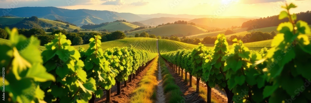 Fototapeta premium Sun-drenched rows of grapevines, rolling hills , Tuscany, harvest