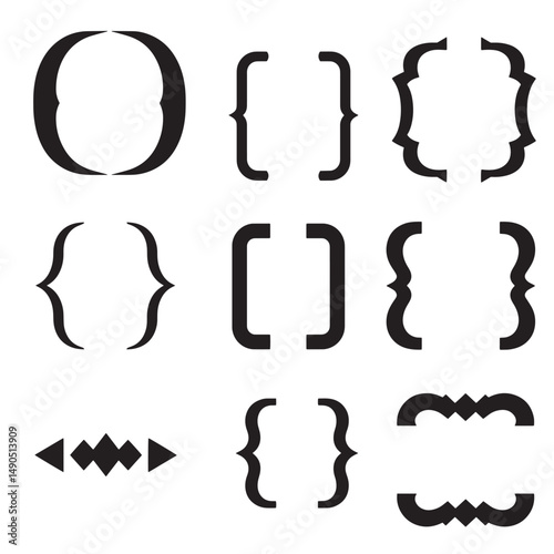 Diverse collection of brackets and formatting symbols in a clean silhouette design perfect for graphic applications
