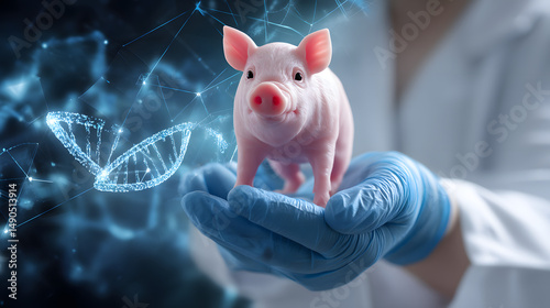 A researcher in a lab coat holds a miniature pink piglet in blue gloves, symbolizing genetic studies and advancements in biotechnology.