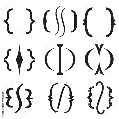 Collection of stylized bracket symbols and mathematical braces featuring diverse creative artistic interpretations in black and white silhouette