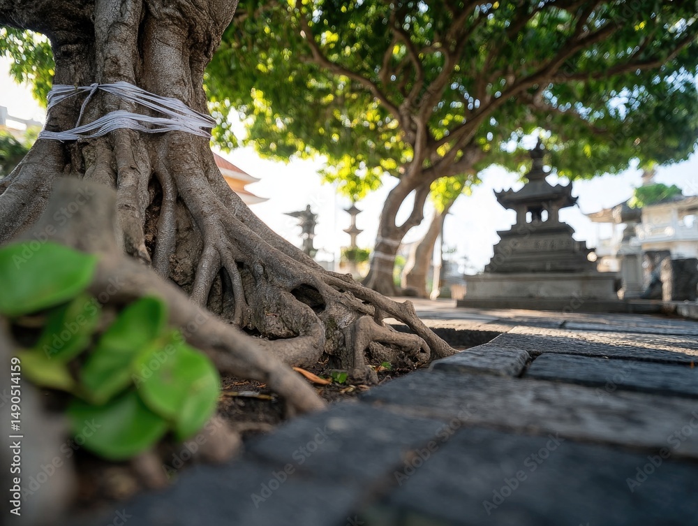 Fototapeta premium Majestic tree roots with ancient stone structures landscape