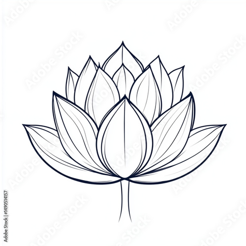 drawing of a lotus flower with petals in flat format on a white background. The flower is drawn with black thin lines