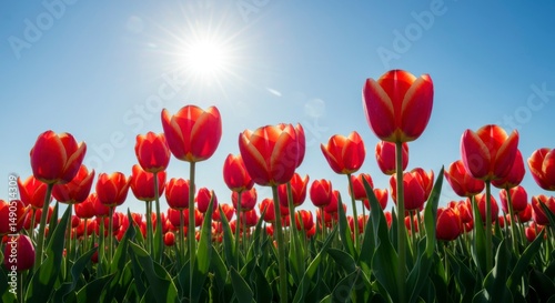 Vibrant tulips under a bright sky