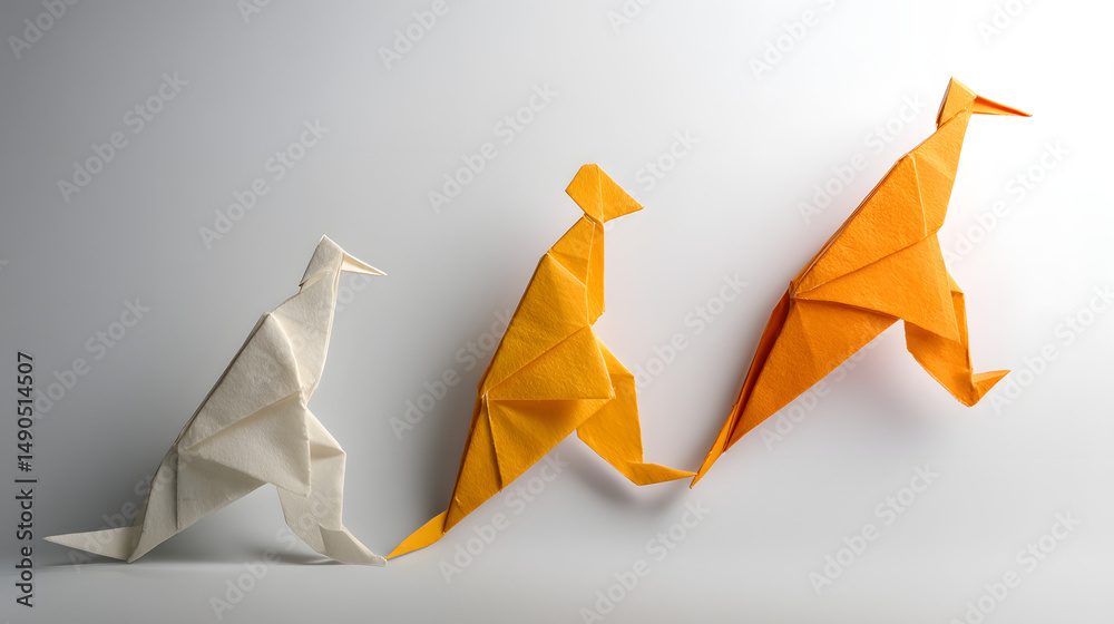 Naklejka premium Three vibrant origami kangaroos in white, yellow, and orange, showcasing intricate folding techniques against a minimalist background.