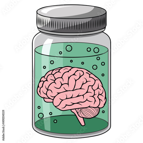 Preserved brain in jar isolated vector illustration on white background