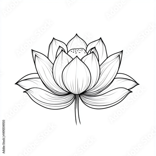drawing of a lotus flower with petals in flat format on a white background. The flower is drawn with black thin lines