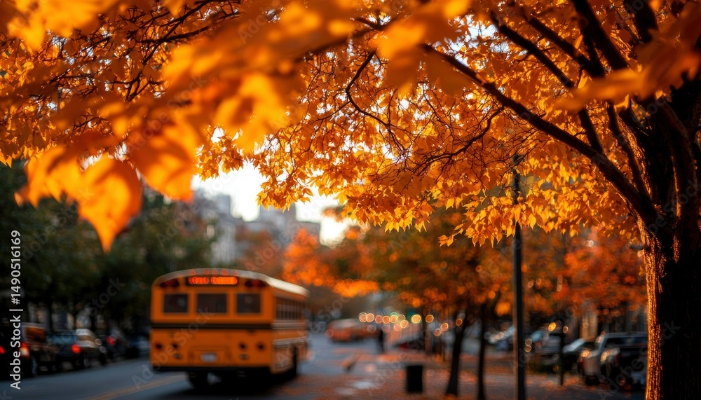 Obraz premium Autumnal city street with vibrant foliage