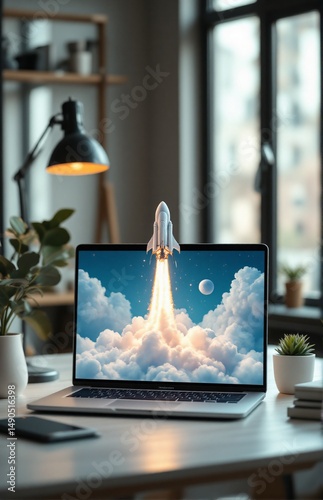 Rocket launch on laptop screen at modern desk