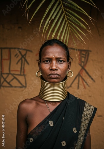 Portrait of dimasa woman with traditional neck rings and tribal markings photo