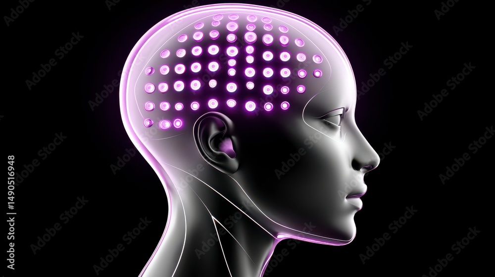 Obraz premium Profile View of a Futuristic Human-like Robot Head with Digital Brain and Neon Light Elements